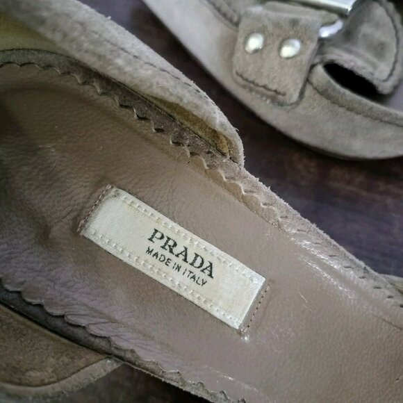 Vintage Y2K Prada Tan Suede Leather Pointy Toe Kitten Heels SZ 38 Buckle - Picture 8 of 12